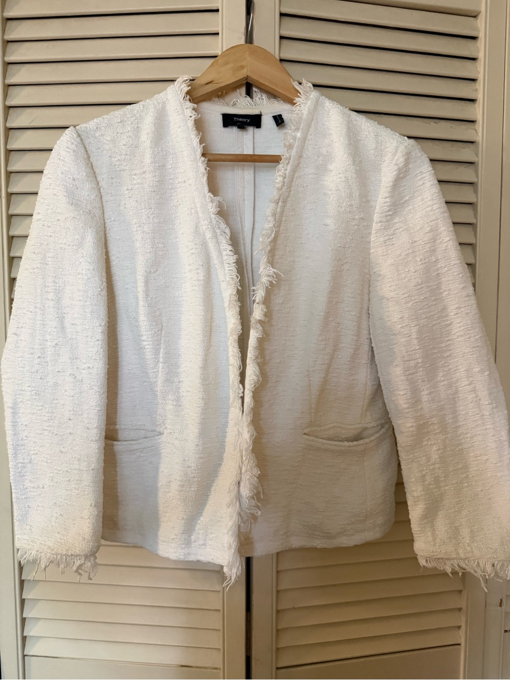 Theory White Tweed Fringed Open-Front Jacket